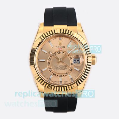 ES Factory 1-1 Replica Rolex Sky-Dweller World Timer Yellow Gold Case Oysterflex Watch 